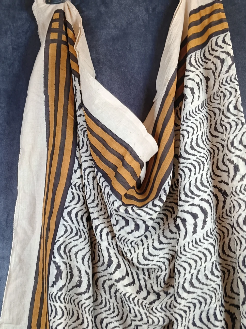 Striped & Zebra Print Lightweight Scarf in White, Black, Mustard. Cotton. Long